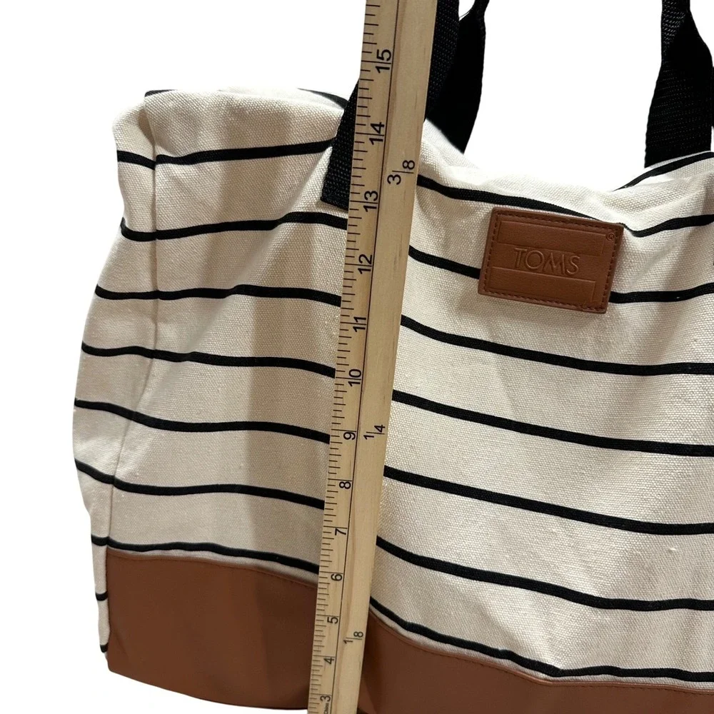 TOMS DSW Striped Canvas Tote Bag Cream Black Brown Vegan Leather Weekender Large